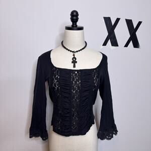 Vintage 90s Y2K Black Lace Going Out Top • Bell Sleeves Dark Fairy Goth M / L